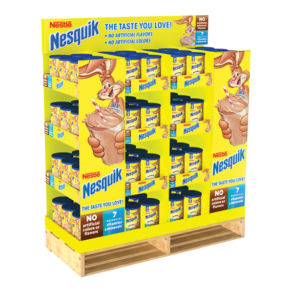 Nesquik chocolate milk powder pallet display produced by Green Bay Packaging.
