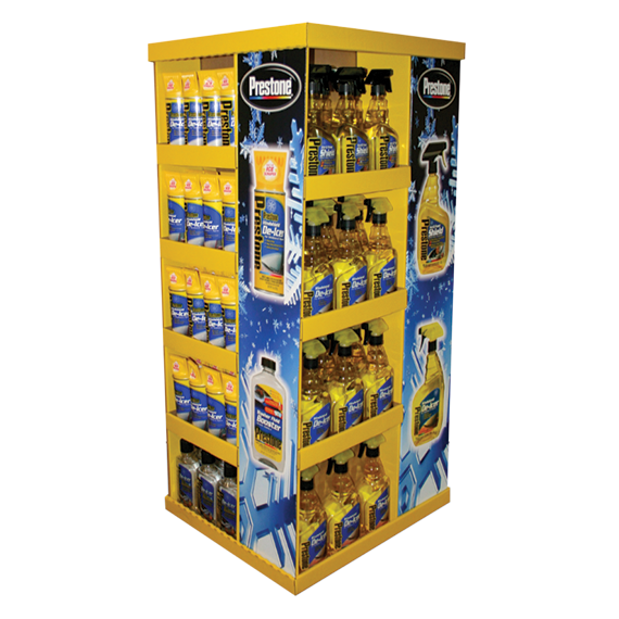 Prestone pallet display produced by Green Bay Packaging.