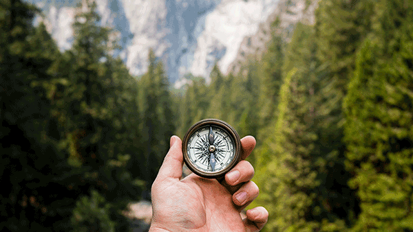 Hand holding a compass over with mountains and trees in the background.