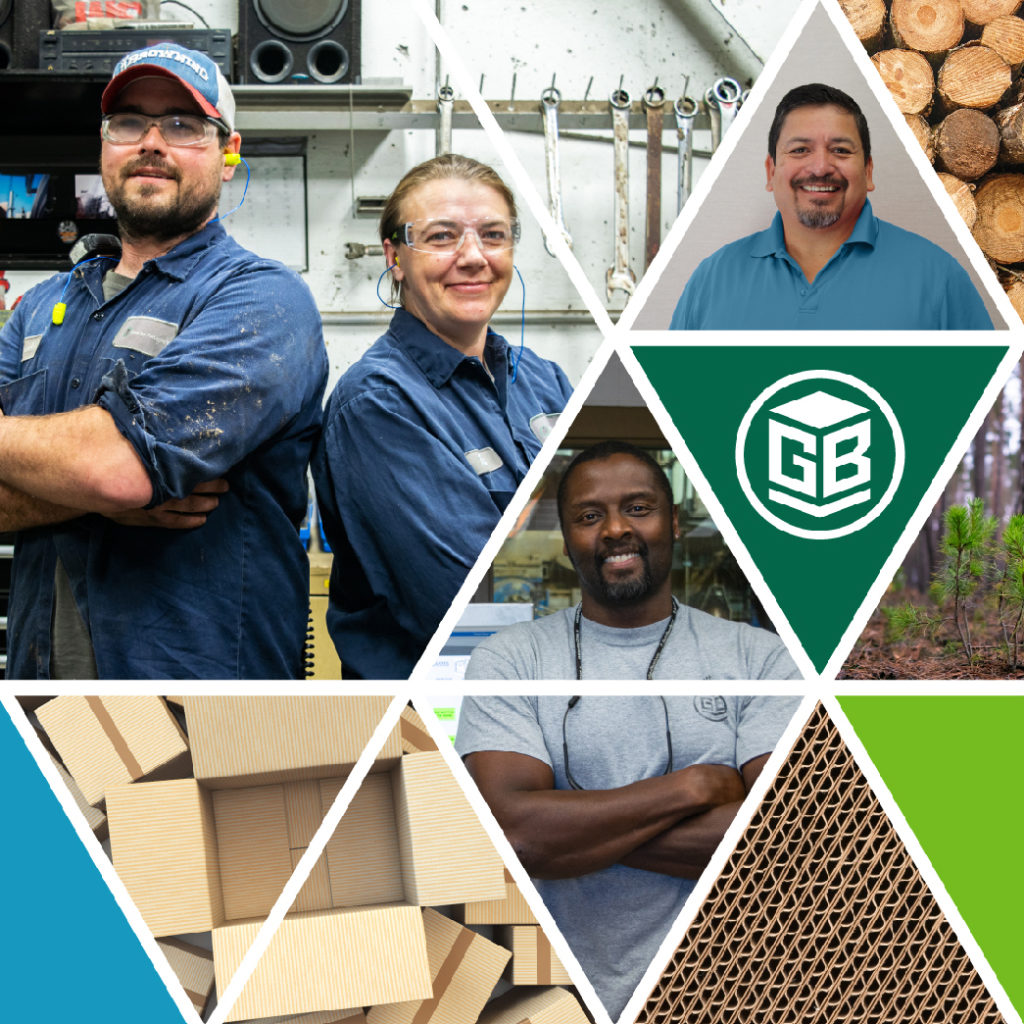 Compilation of images that are featuring several diverse Green Bay Packaging employees near equipment or in their office