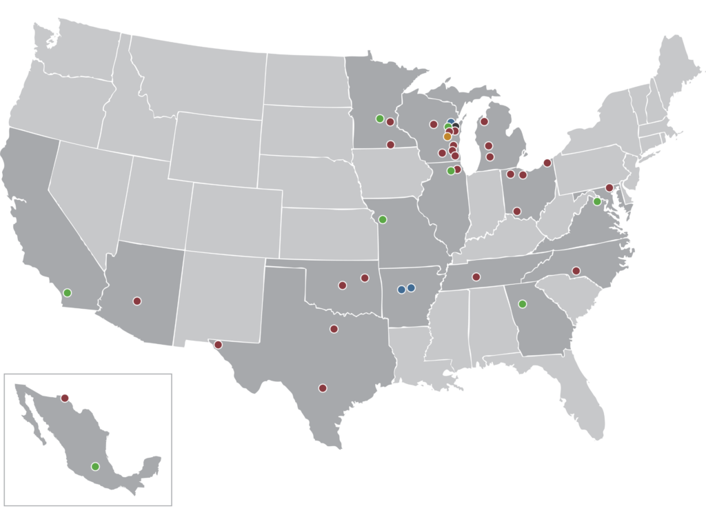 Green Bay Packaging's locations in various areas in the United States including our coated products, corrugated packaging, folding carton and paper manufacturing facilities.