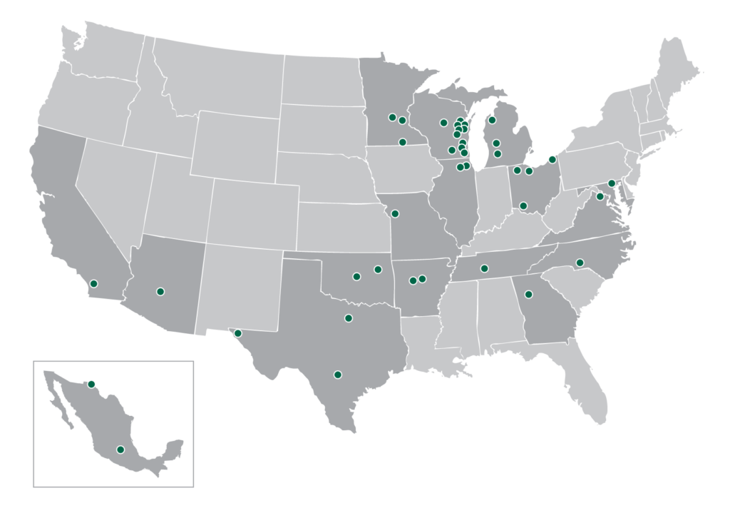 Green Bay Packaging map showing our 35 corrugated box manufacturing facilities around the U.S..