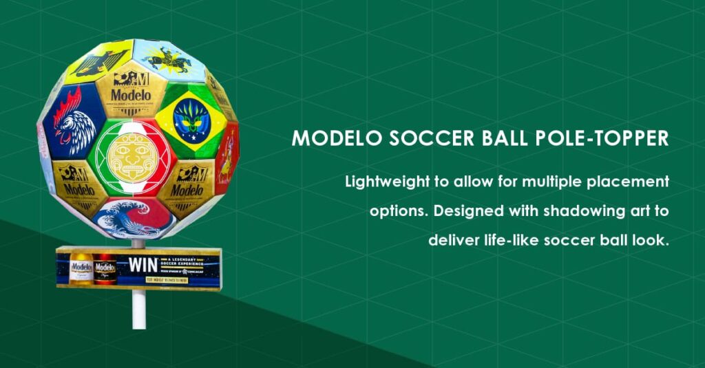 Modelo corrugated soccer ball pole-topper retail display.