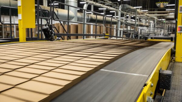 High-speed conveyor carrying corrugated boxes in a Green Bay Packaging manufacturing plant.