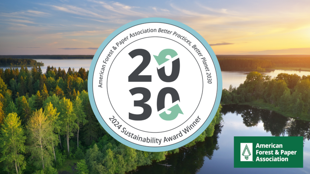 American Forest and Paper Association (AF&PA) 2024 sustainability award winner logo behind a forested lake.