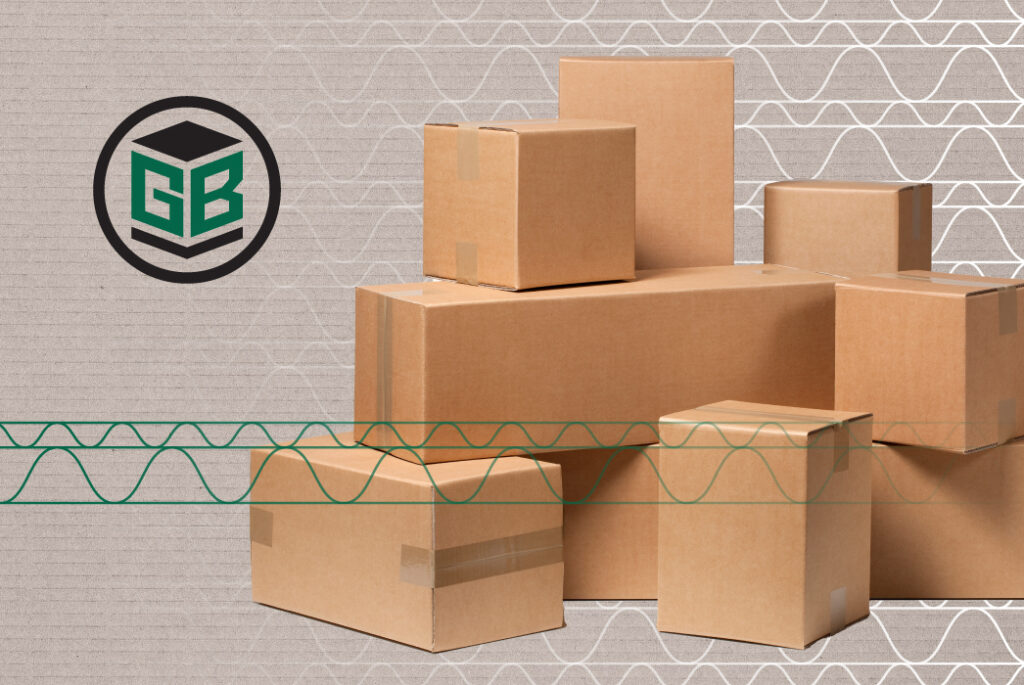 Stack of various-sized corrugated boxes on a patterned background with a Green Bay Packaging logo.