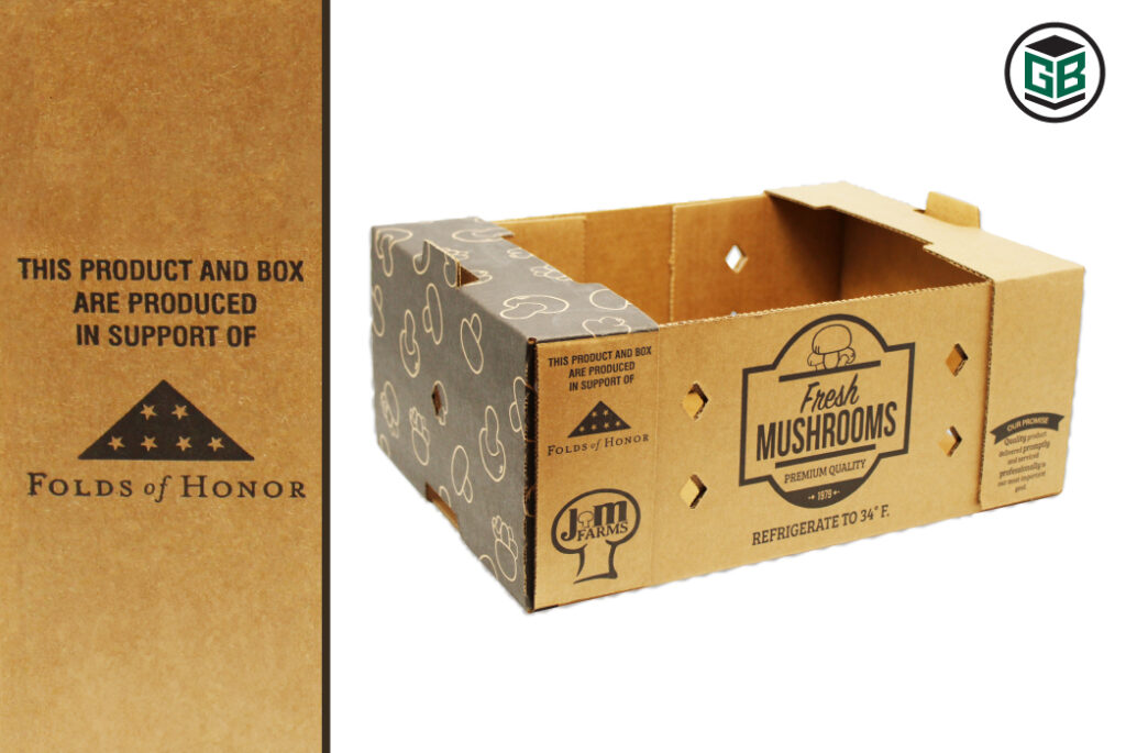 JM Farms' corrugated box showing the printed logo of the Folds of Honor organization.